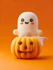 Fototapeta premium A cute ghost with rosy cheeks and a happy expression stands behind a smiling Jack-O'-Lantern pumpkin, set against a vibrant orange background, embodying a playful Halloween spirit.