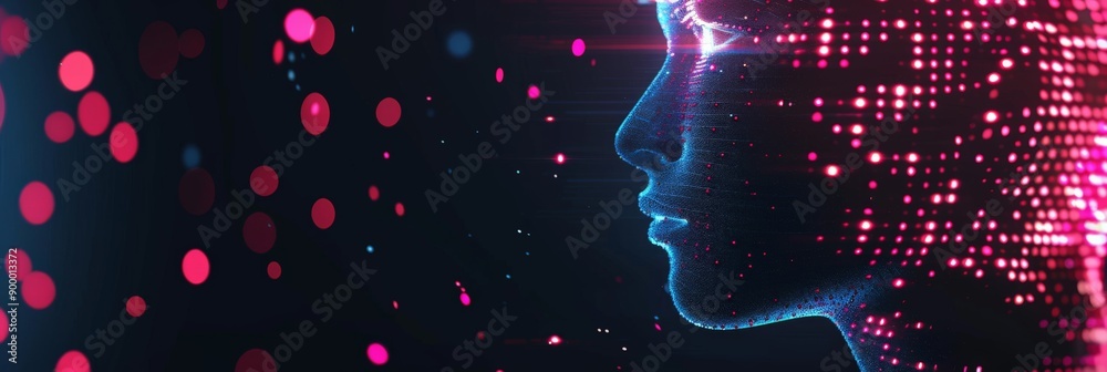 Poster side profile of a human face with digital neon lights and dots. concept of ai and technology.