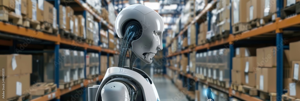 Poster humanoid robot in a warehouse with shelves of boxes. concept of ai integration in logistics and stor