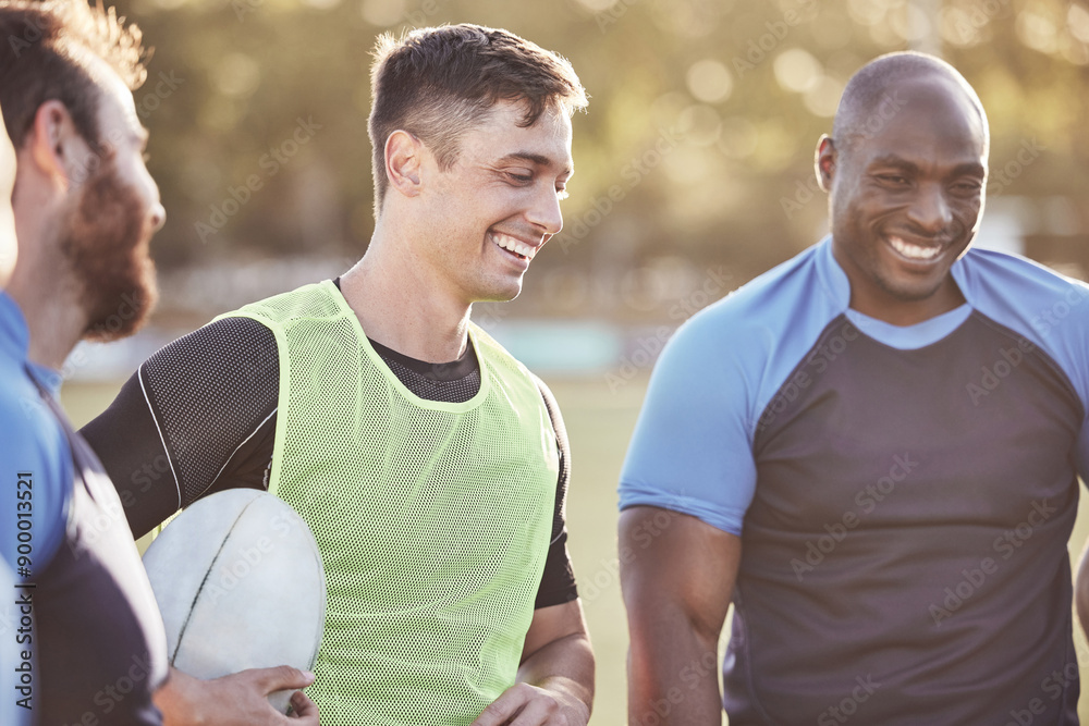 Sticker Happy, sport and rugby team outdoor with group huddle and laughing for competition success and fitness. Smile, field and match with healthy men in professional club with athlete talking and bonding