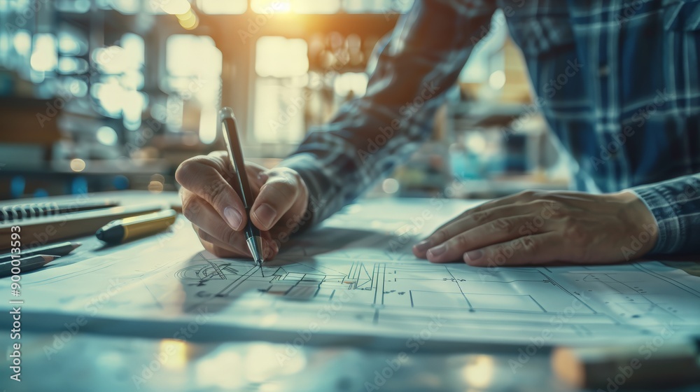 Poster engineer meticulously drawing architectural plans on a desk in a sunlit office. represents construct