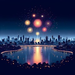 Obraz premium City Lights and Fireworks.