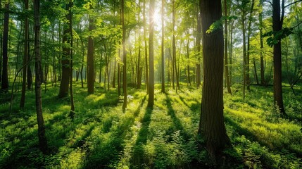 Obraz premium Sunlight Filtering Through Lush Green Forest