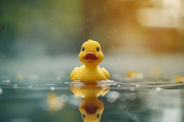 Cute rubber duck swimming in the puddle.Hello summer. 