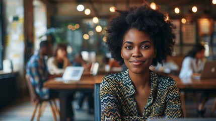 Obraz premium Attractive african young confident businesswoman sitting at the office table with group of colleagues in the background, working on laptop computer - generative ai