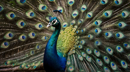 Obraz premium Peacock with Spread Tail Feathers Displaying Eye Spots