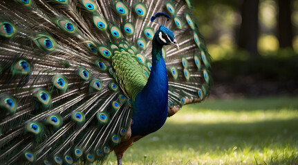 Obraz premium Peacock with Vibrant Blue and Green Feathers Displayed