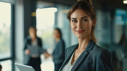 Smiling confident business leader looking at camera and standing in an office at team meeting. Portrait of confident businesswoman with colleagues in boardroom. Using digital tablet - generative ai