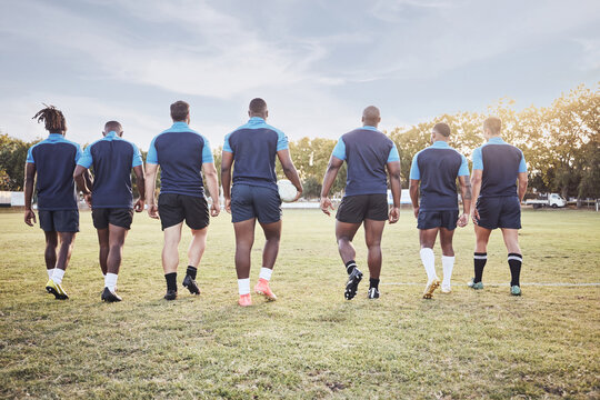 Rugby, team and walking on field for competition, match or sport training on lawn. Athlete back, professional and group with workout, fitness and exercise for game practice at club for wellness