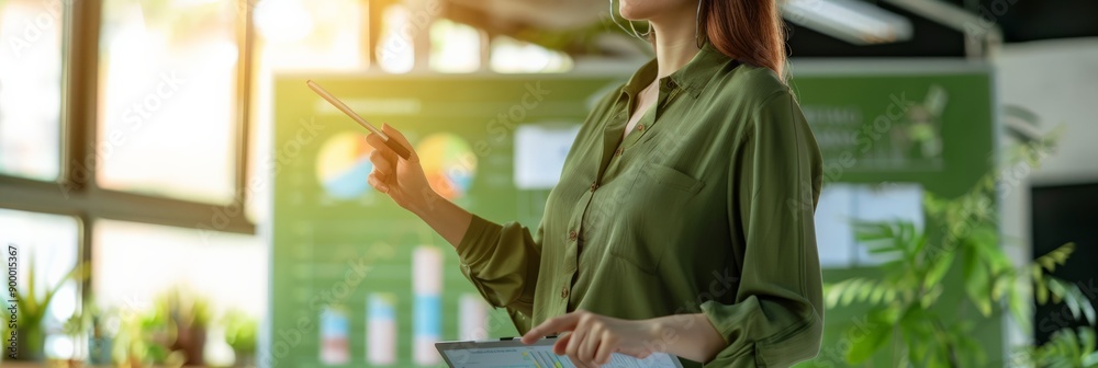 Poster Woman in green shirt holding a tablet while pointing at a chart on a presentation screen. Business presentation and data analysis concept in a modern office.
