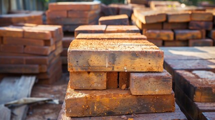 Red bricks stacked in yard on sunny day