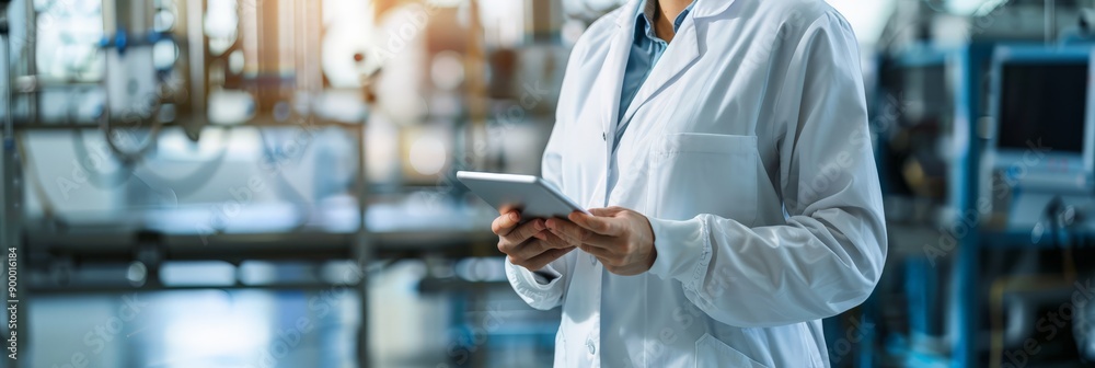 Poster female engineer in lab coat using a digital tablet in a high-tech industrial setting. women in engin
