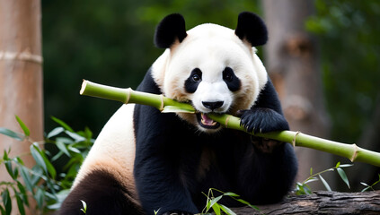 Obraz premium A Giant Panda Eating Bamboo in a Lush Green Forest