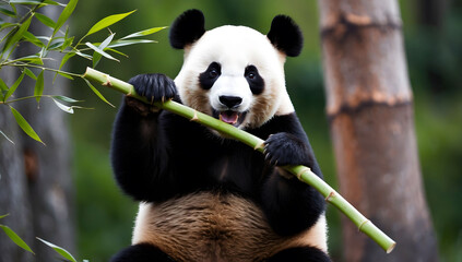 Obraz premium Giant Panda Eating Bamboo in Lush Green Habitat