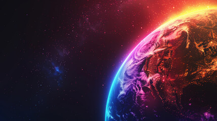 Obraz premium A vibrant representation of Earth in space, showcasing colorful atmospheres and cosmic elements against a dark backdrop.
