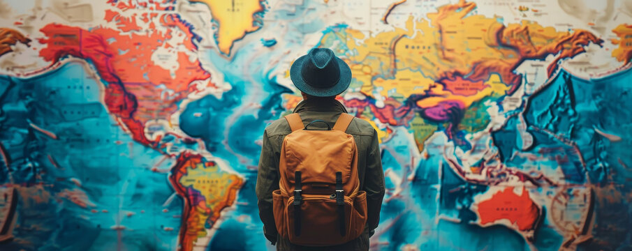 A traveler gazes at a colorful world map, envisioning adventures and exploring new destinations.