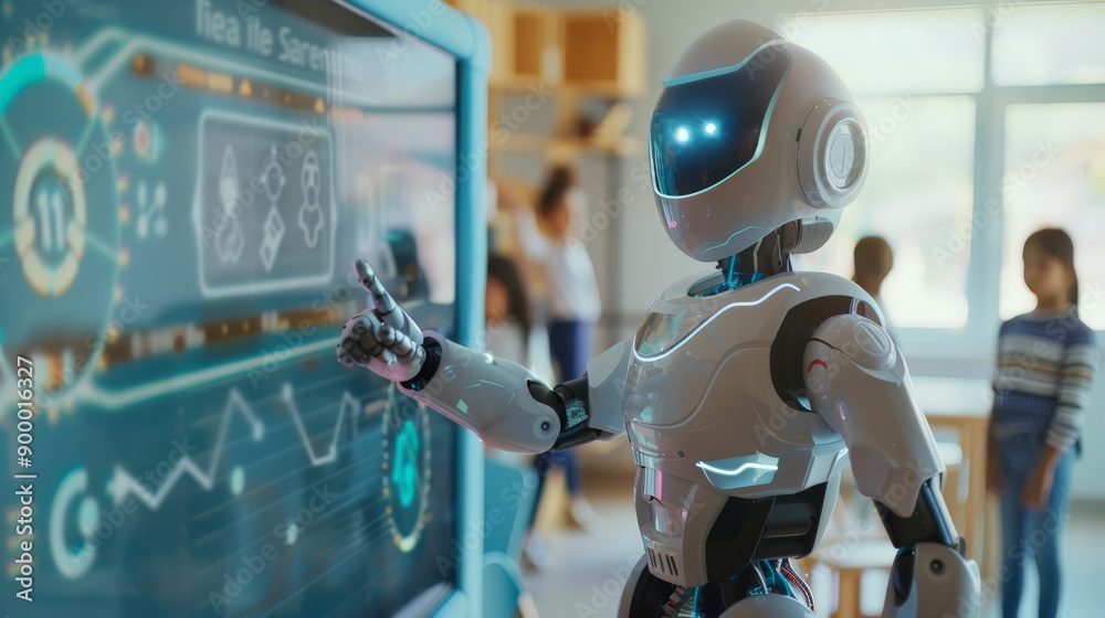 Poster Advanced humanoid robot teaching a class of students using a large interactive screen. Cutting-edge AI technology in modern education environments.