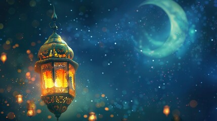 Islamic greetings ramadan kareem card design template. Space for text. background with beautiful lantern and crescent. Post-processed, generative ai