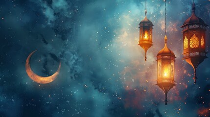 Fototapeta premium Islamic greetings ramadan kareem card design template. Space for text. background with beautiful lantern and crescent. Post-processed, generative ai