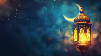 Islamic greetings ramadan kareem card design template. Space for text. background with beautiful lantern and crescent. Post-processed, generative ai