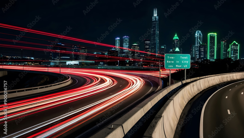 Wall mural cityscape with long exposure of traffic lights on a curved highway