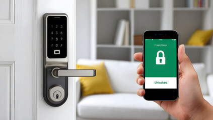 Smartphone unlocking a smart door lock with a digital keypad