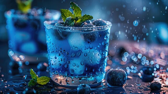 Blue berry cocktail images with water droplets Refreshing summer alcoholic drinks like Blue Lagoon Frostbite and Margarita
