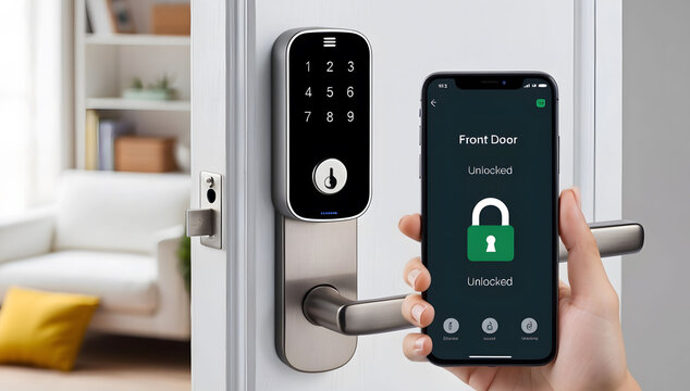 Smartphone unlocking smart door lock with digital keypad