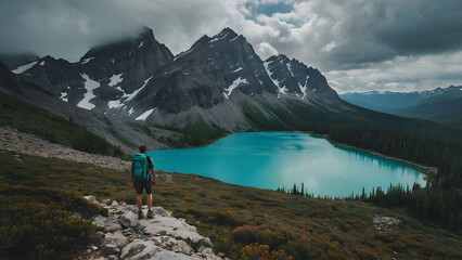 Naklejka premium Hiker Overlooking a Turquoise Mountain Lake