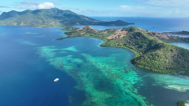 A beautiful coral reef surrounds the volcanic island of Pulau Pura in Indonesia. This scenic area is near Maumere, Flores, and is home to extraordinary marine biodiversity.