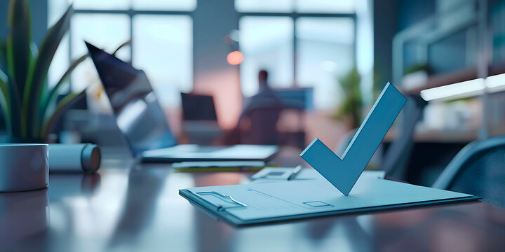 Light blue check mark on sheet of paper on desk, blurred office background