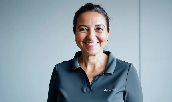 Lifestyle portrait video of a satisfied woman in her 40s wearing a sporty polo shirt against a minimalist or empty room background