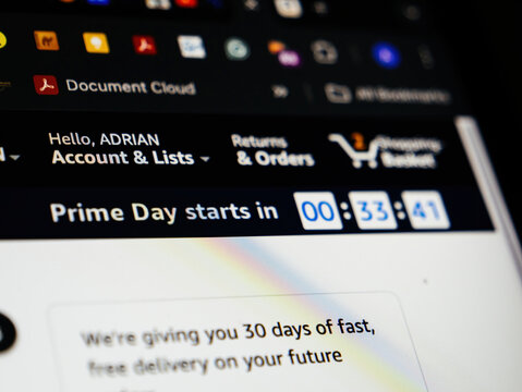 London, UK - Jul 15, 2024: Prime Day starts in 33 minutes on the Amazon UK website, shown in a macro shot of a computer running Chrome