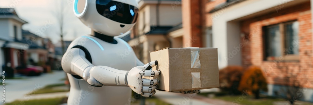 Aufkleber robot delivering a package in a suburban neighborhood. advanced technology and automation in everyda
