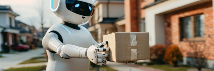 Fototapeta premium Robot delivering a package in a suburban neighborhood. Advanced technology and automation in everyday life