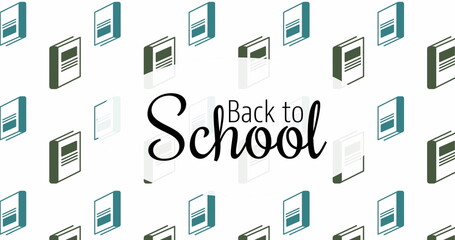 Image of back to school text over school icons and books