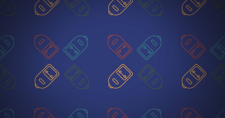 Image of multiple school bag icons in seamless pattern against copy space on blue background