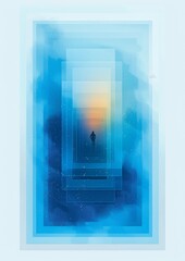 an vector graphics design of different sizes of rectangles equidistantly spaced surrounding a blue rectangle in the middle, the shapes are filled in gradient shades of light to blue against the white 
