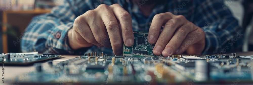 Aufkleber Engineer working on an advanced circuit board with holographic tech elements in a modern workspace. Represents innovation and future of technology.