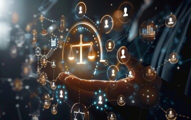Businessman touching digital screen with justice and law icons, concept of online law service