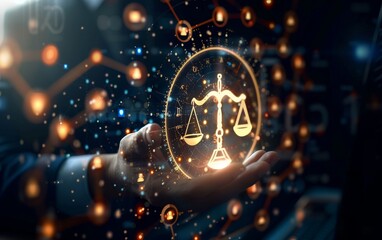 Businessman touching digital screen with justice and law icons, concept of online law service