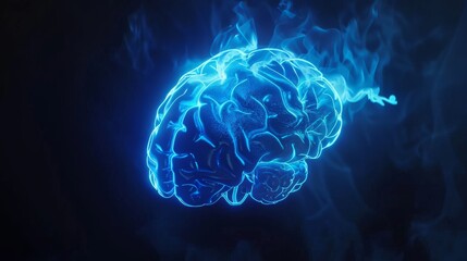 A glowing blue brain with black background