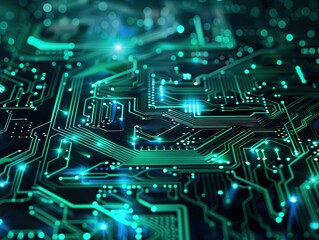 Obraz premium Futuristic Abstract Digital Background with Green and Blue Tones, Featuring Circuit Board Elements and Glowing Lights, Representing Advanced Technology, Computer Science, and Artificial Intelligence 