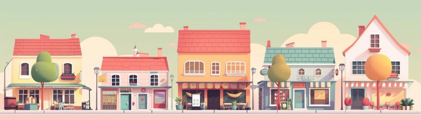 Fototapeta premium Vibrant 3D Flat Design of Cozy Small Town with Quaint Shops and Cafes on Solid Pastel Background