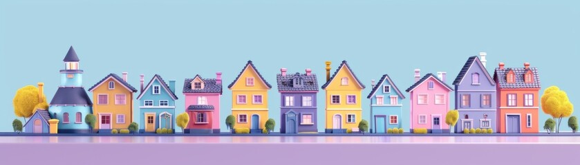 Enchanting 3D Flat Design of Colorful Fairytale Village on Lavender Background