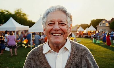 Medium shot portrait video of a cheerful man in his 70s that is wearing a chic cardigan against a neighborhood block party with food and games background