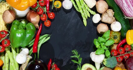 Black Stone Cooking Background. Vegetables and Salads. Away from a Close-up to  Wide Shot. Free Space for Your Text.
