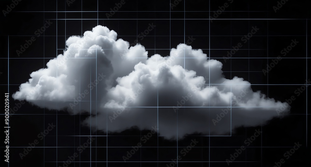 Wall mural white clouds grid lines hologram projection on plain black background with copy space