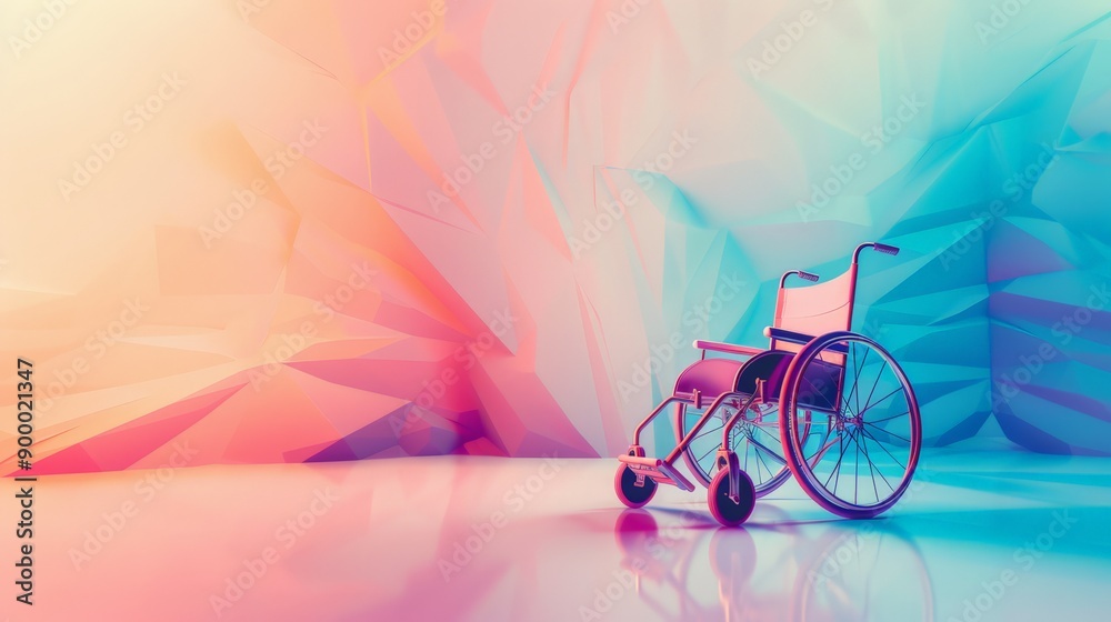 Poster empty wheelchair in a pastel-colored studio with soft lighting. artistic concept of disability and a