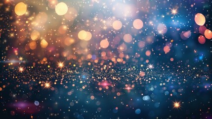 Glittering gradient background with hologram effect and magic lights. Holographic abstract fantasy backdrop with fairy sparkles, gold stars and festive blurs - generative ai